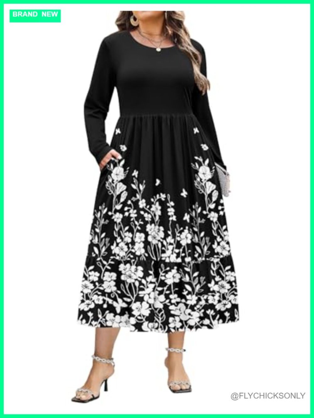 Plus Size Maxi Dress Long Sleeve Flowy Tiered Pockets Casual Fall Winter